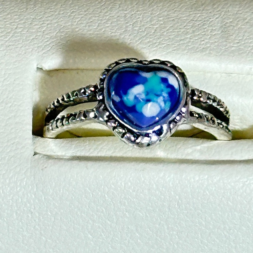 Silver ring w/heart cut multi-blue colored stone, most likely Mosaic Jasper NWOT